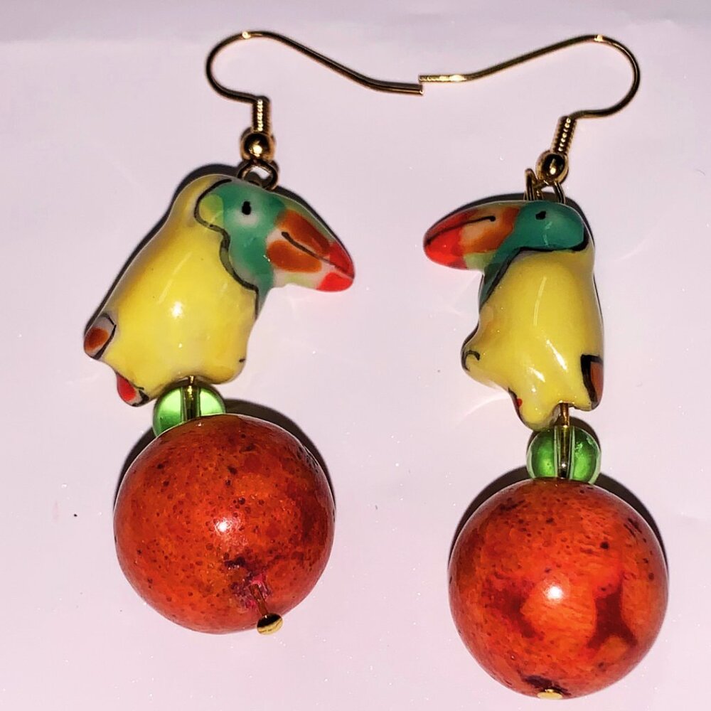 Yellow & Orange Ceramic Dangle Hand crafted Parrot Bird Earrings - Picture 3 of 4
